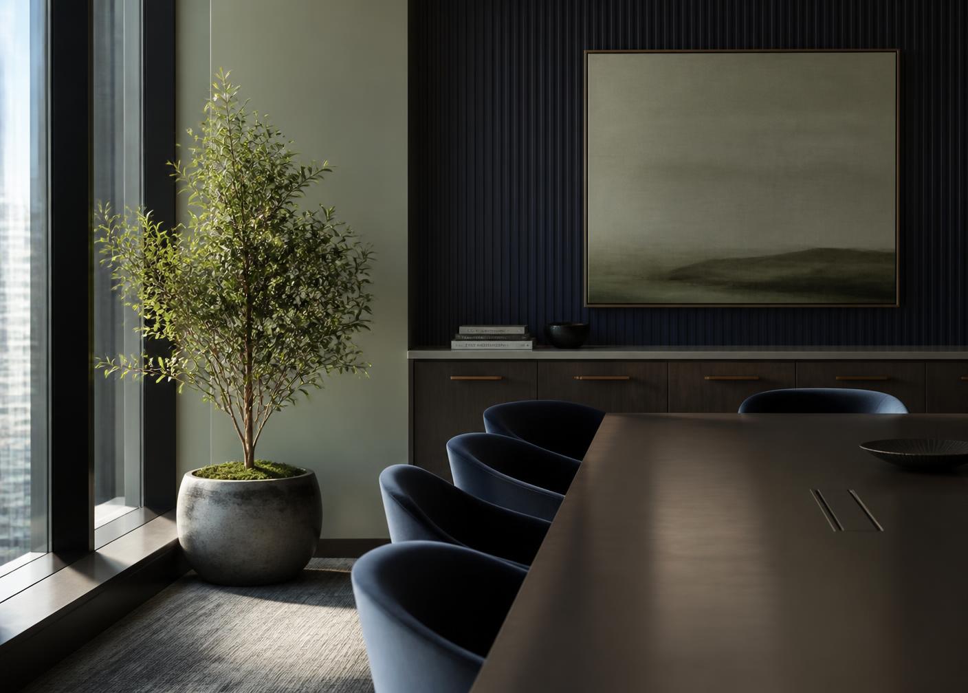 Quiet modern office interior at first light