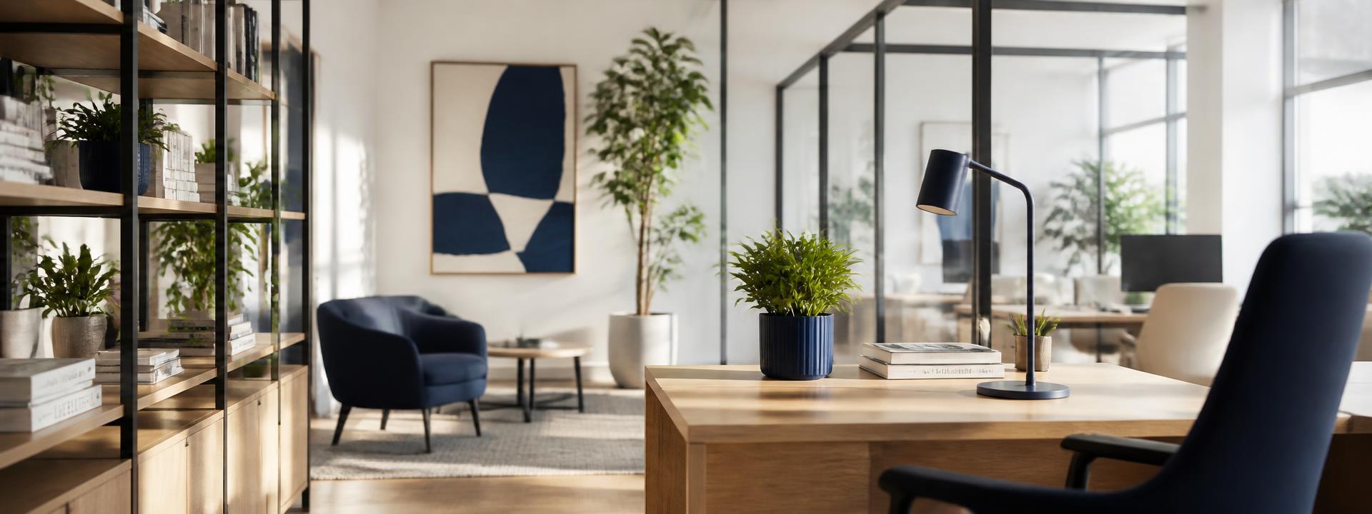 Light-filled modern office with sage planting and oak surfaces